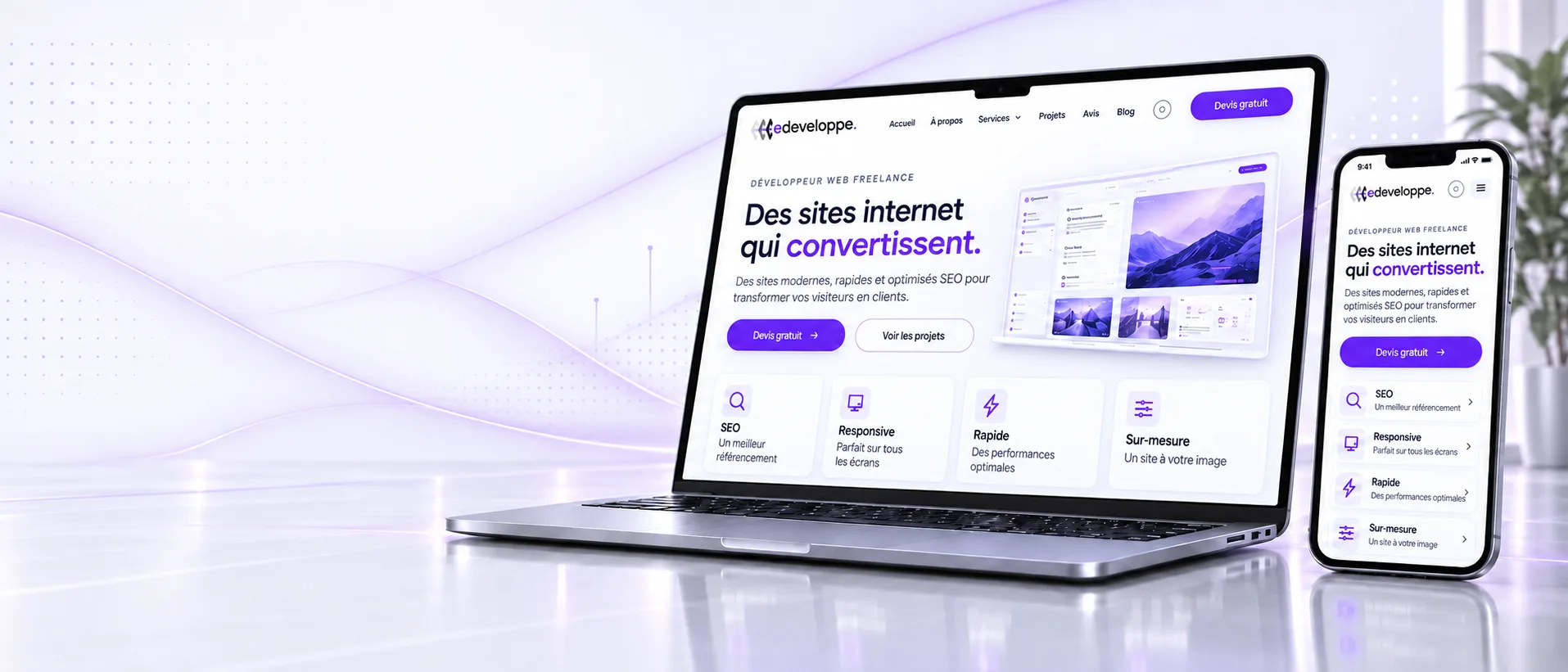 Sites eDeveloppe affichés sur ordinateur et téléphone