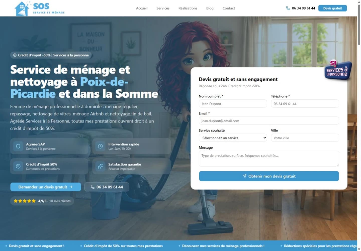 Page d’accueil du projet SOS Service et Ménage sur ordinateur